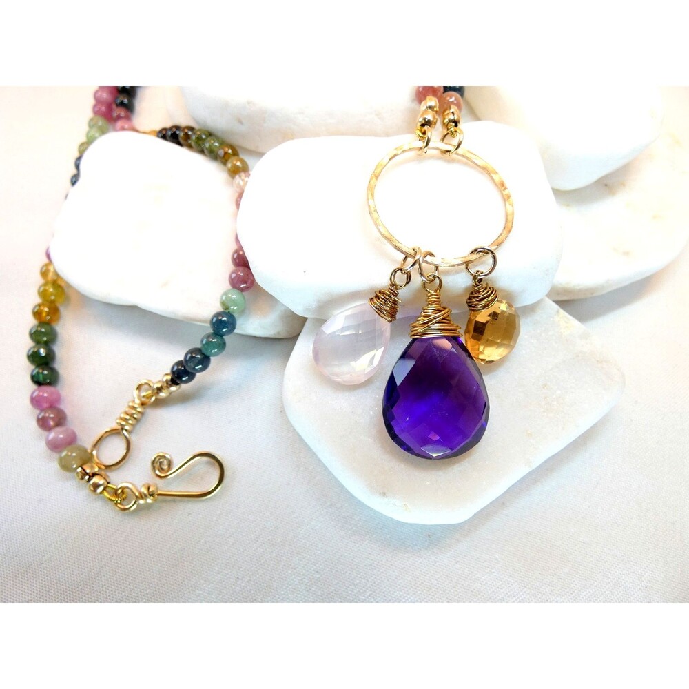 Watermelon Tourmaline Beaded Gemstone Charm Gold Fill Pendant Necklace